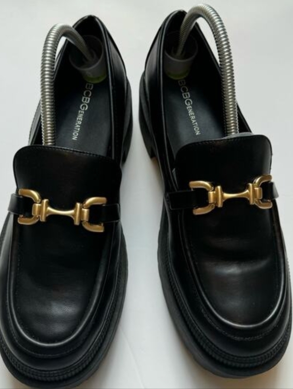 BCBGeneration Black Leather Loafers with Gold Bit